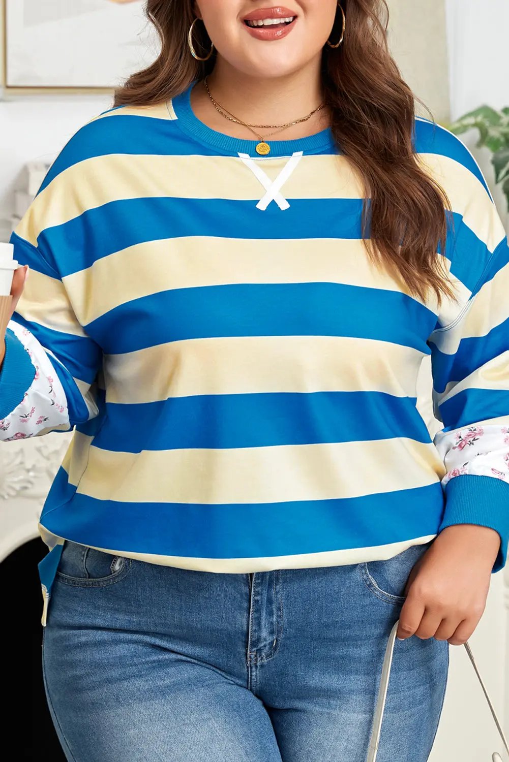 Blue Stripe Floral Color Block Drop Shoulder Plus Size Top Dear-Lover Dropshipping